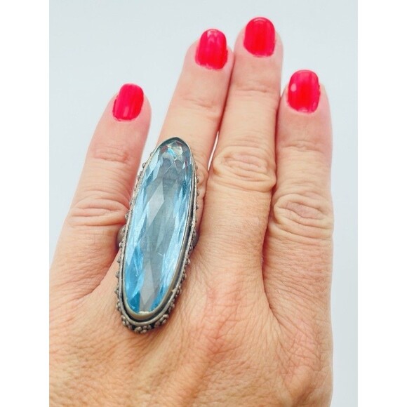 Beautiful Unique Artisan Made Antique Aqua Glass Sterling Silver Ring, Size 6.75 - Picture 1 of 11